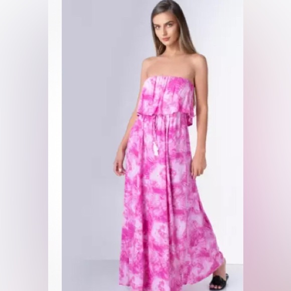 Japana Strapless‎ Tropical Pink Tie-dye Maxi Dress - Picture 1 of 10